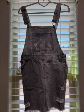 POL Women's Small Distressed Black Raw Hem Overall Dress Excellent Condition